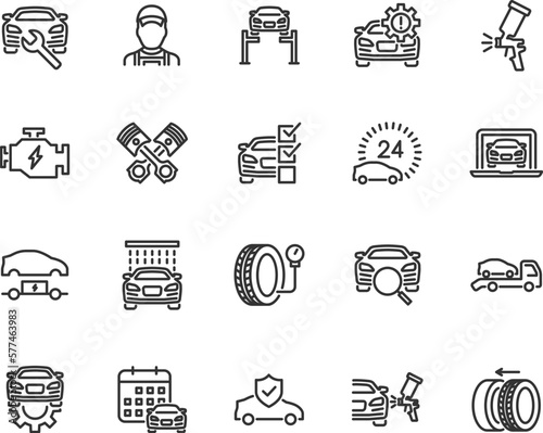 Vector set of car service line icons. Contains icons check engine, car wash, mechanic, car diagnostics, car painting, tire service, tow truck and more. Pixel perfect.
