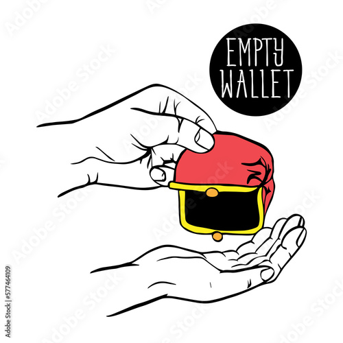 sketch of hand with an empty wallet. An open pink wallet without money. An empty wallet in two hands without money, coins. The money crisis. fight poverty and lack of money.