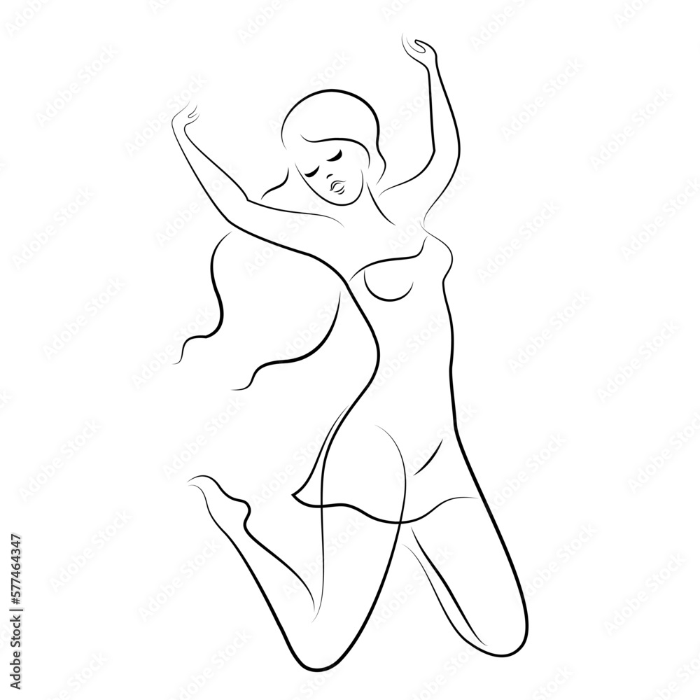Silhouette of a sweet lady. The girl is happy, jumping for joy, raised her hands. The woman is nude and slim. Vector illustration.