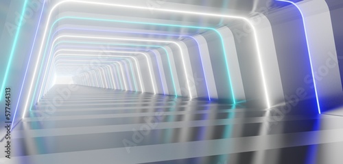 Fototapeta Naklejka Na Ścianę i Meble -  Futuristic interior background lamps glowing in gray tunnel 3d render