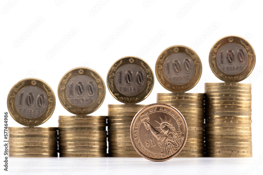 A coin in denominations of 1 US dollar against the background of coins in denominations of 100 Kazakhstani tenge A coin in denominations of 1 US dollar against the background of coins in denominations of 100 Kazakhstani tenge