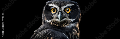 Spectacled owl head portrait on black background. Image created with generative ai