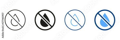 Water Drop Forbidden Silhouette and Line Icon Set. Liquids are Prohibited Black and Color Pictogram. Do Not Drink Water Symbol Collection. Isolated Vector Illustration