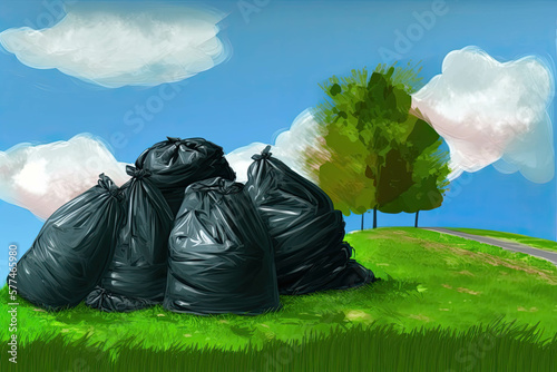 Black trash bags on a green lawn, envoromental cleanup photo