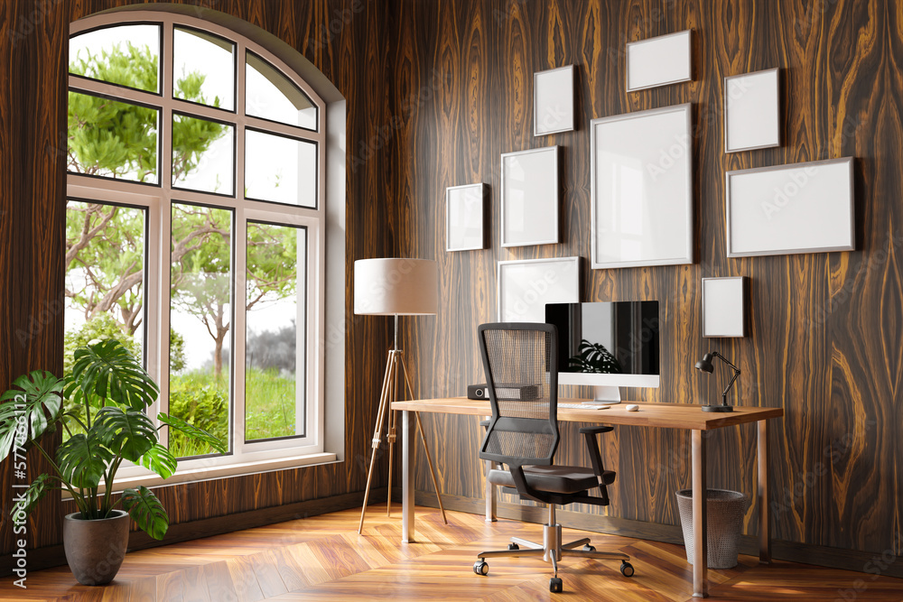 Fototapeta premium comfortable workplace with pc on wooden desk in office at home; bright sunlight from side large window and wall; canvas copy space; remote work freelance; 3D Illustration
