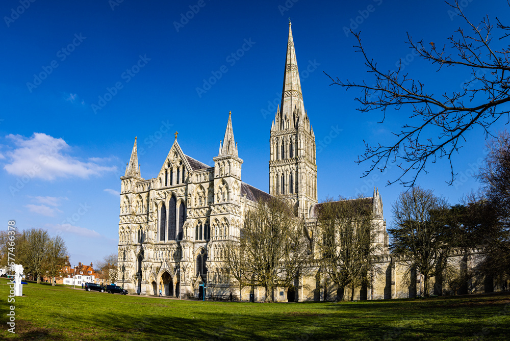 Salisbury Cathedral under a clear blue winter sky