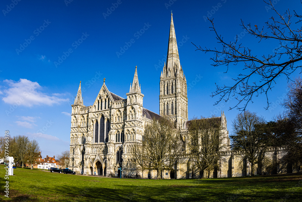 Salisbury Cathedral under a clear blue winter sky Salisbury Cathedral under a clear blue winter sky