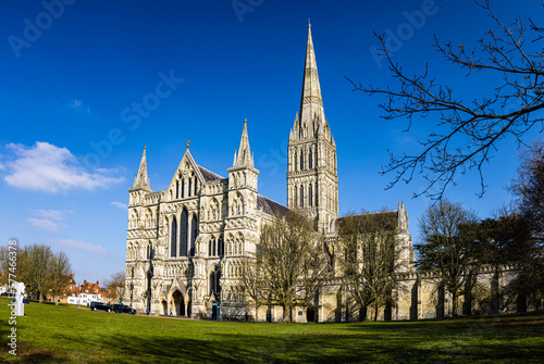 Salisbury Cathedral under a clear blue winter sky