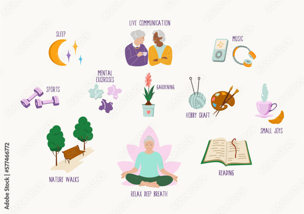 Anxiety help tips vector illustrations set. Ways to stress relief collection. Aged women self treatment and anxiety management lifestyle elements Isolated