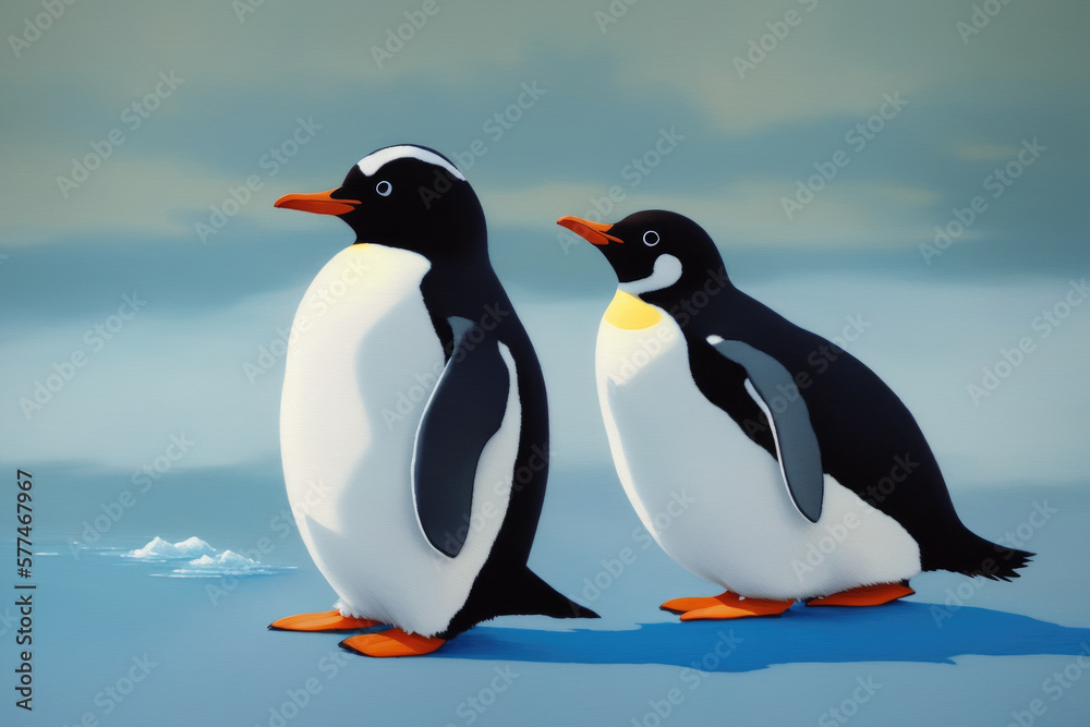 Obraz premium Cute colorful magic penguin, cartoon style painting. Generative ai art illustration