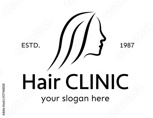 Hair clinic vector logo black color line style isolated on white background for trasplantation, cosmetics shop, natural medicine. makeup. 10 eps photo