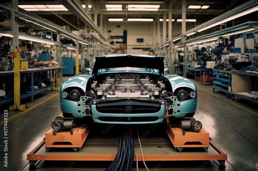 Generative AI illustration of modern clean and eco-friendly electric car production line Generative AI illustration of modern clean and eco-friendly electric car production line