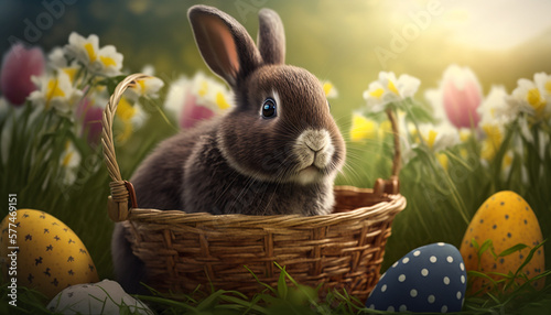 Cute Easter bunny sitting on the meadow next to the wooden basket 