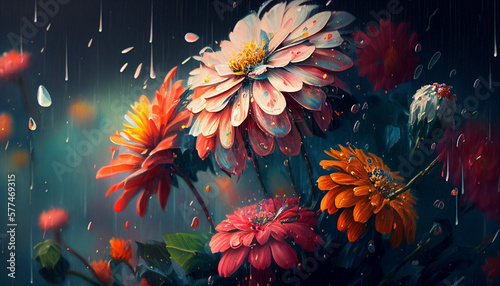 fiori colorati sotto la pioggia, generative ai