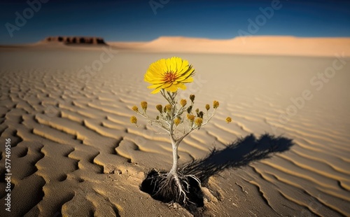 Yellow Flower Growing in the Barren Desert, Generative AI
