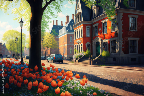 A city street during spring time with buildings, flowering red tulips, trees and lanterns. Created with Generative AI.
