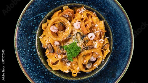 Seafood Fettuccine on isolated white background