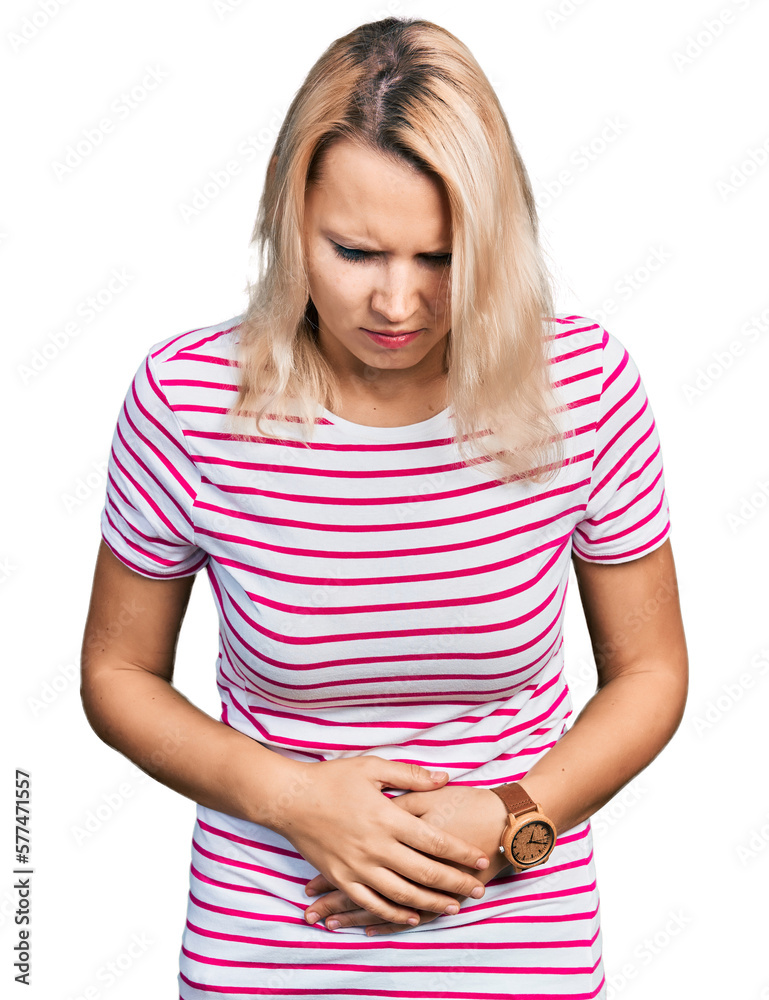 Young caucasian woman wearing casual clothes with hand on stomach because indigestion, painful illness feeling unwell. ache concept. Young caucasian woman wearing casual clothes with hand on stomach because indigestion, painful illness feeling unwell. ache concept.