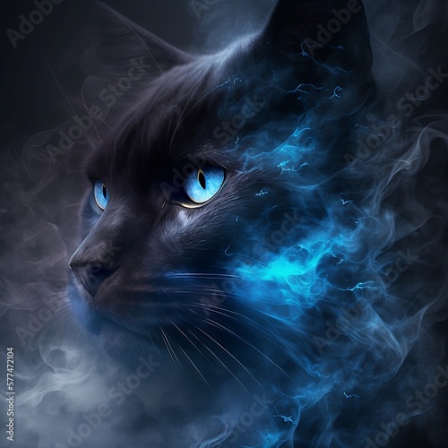 Cat in the smoke Cat in smoke on a dark background. Black cat. Blue eyes. Generative AI.