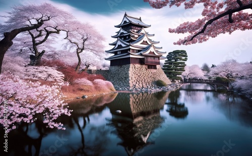 Cherry blossoms at the Hirosaki Castle Park in Hirosaki, Aomori, Japan, Generative AI photo