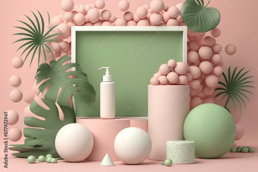 Fototapeta premium mockup scene with monstera leaves and plant for make up, skin care and beauty set, pastel soft colors, ggenerative ai illustration