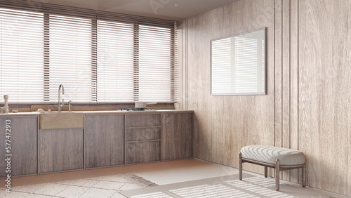 Cuadro en lienzo Contemporary kitchen with bleached wooden walls and frame mockup in beige tones