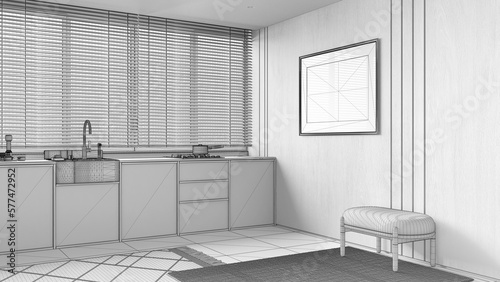 Blueprint unfinished project draft, contemporary kitchen with wooden walls and frame mockup. Big window with venetian blinds, cabinets, carpets and decors. Minimal interior design