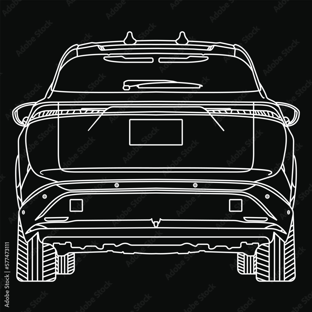 Black and white vector car drawing. EPS File. SUV, EV drawing. Stock