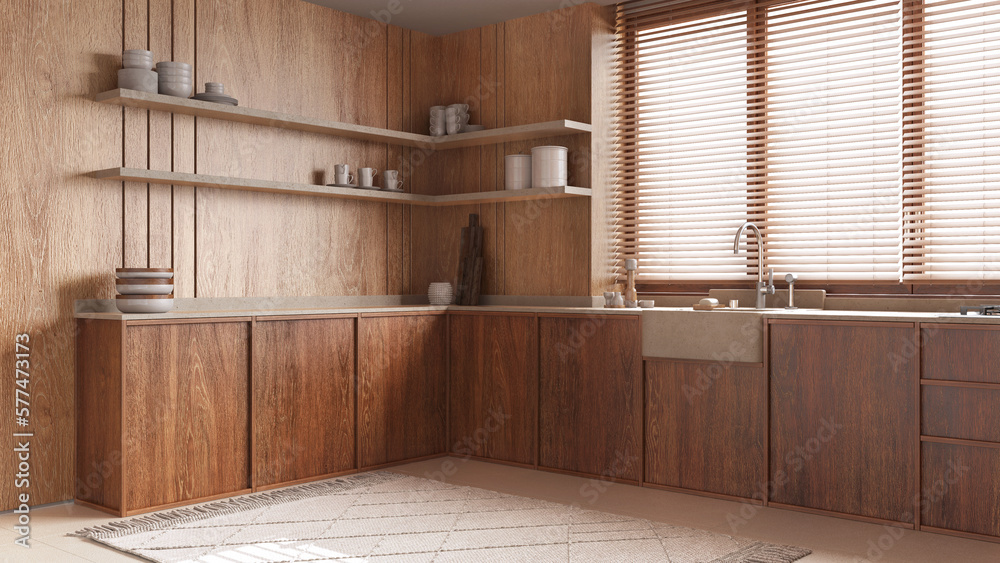 Modern wooden kitchen in white and beige tones. Cabinets, sink and shelves. Window with blinds and marble tiles floor. Minimalist interior design Modern wooden kitchen in white and beige tones. Cabinets, sink and shelves. Window with blinds and marble tiles floor. Minimalist interior design