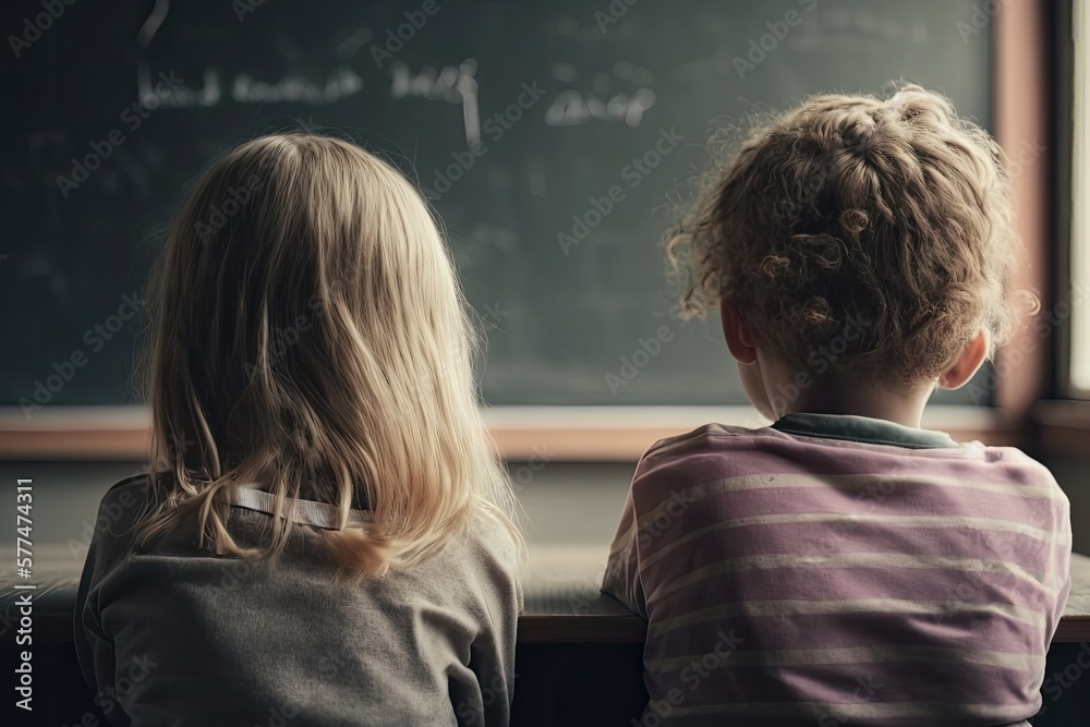 Back of two kids sitting in class. Generative AI Back of two kids sitting in class. Generative AI