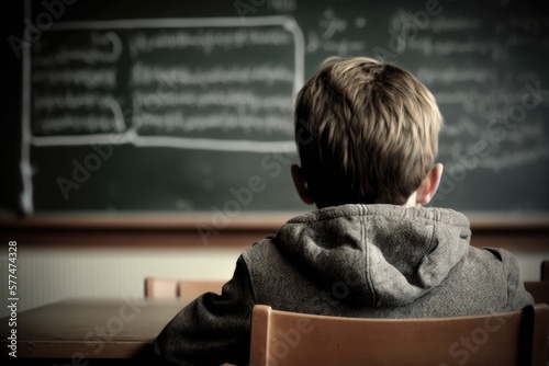 Back of boy sitting in class. Generative AI