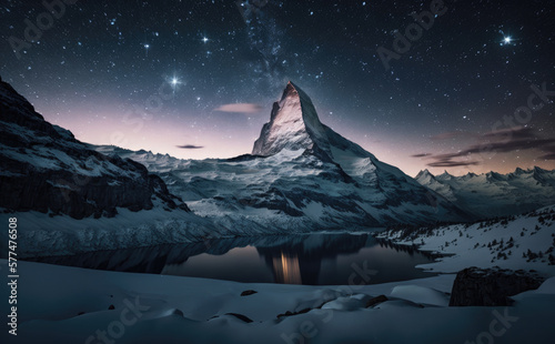 Matterhorn mountain with Milky Way at night. Valais, Switzerland, Generative AI