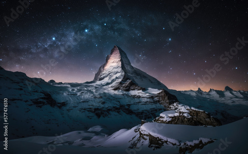 Matterhorn mountain with Milky Way at night. Valais, Switzerland, Generative AI