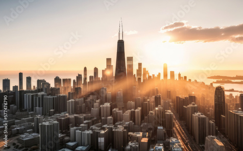 Amazing view of New York city skyline and skyscraper at sunset. Beautiful night view in Midtown Manhatton, Generative AI photo