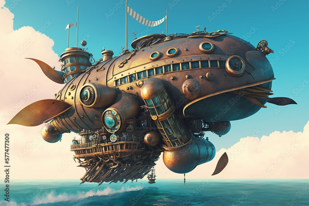 Naklejka premium Concept of a large flying machine sailing in the sea in steampunk style generated by AI, digital art.
