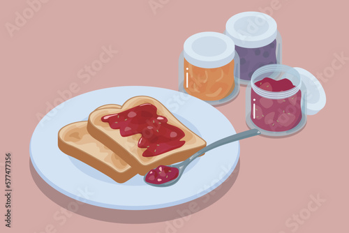 食パンとジャムのアイソメトリックベクターイラスト