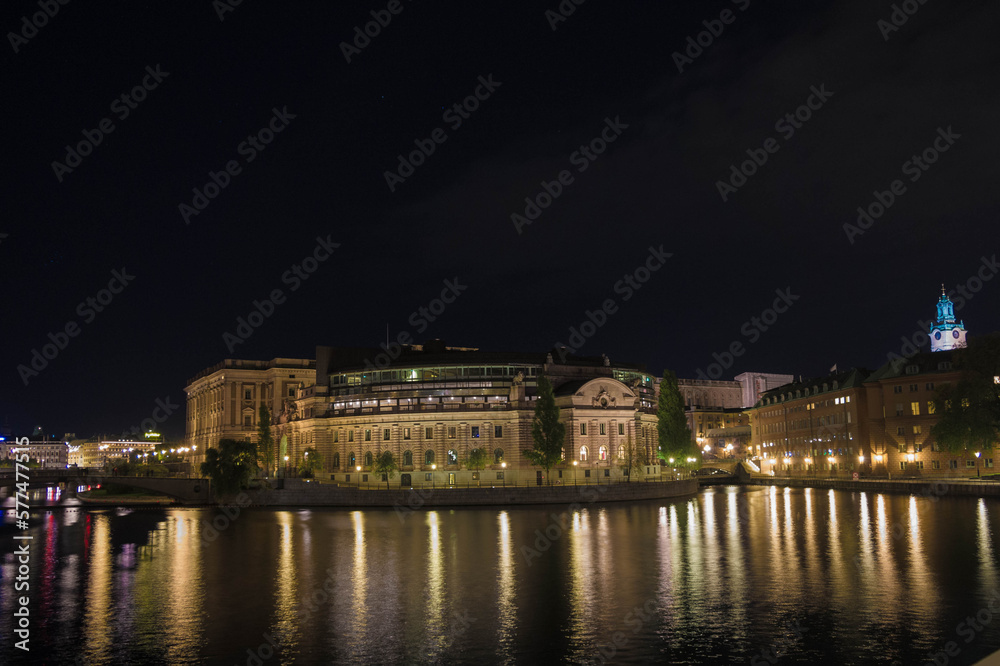 swedish parliament by night in stockholm