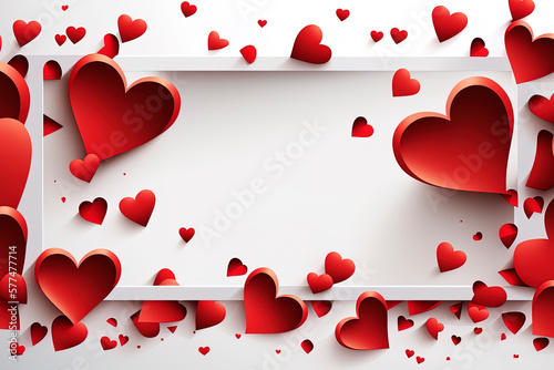 Heart symbol for Valentine's Day, white postcard mockup on background of red hearts, Valentines Day background, copy space, generative ai