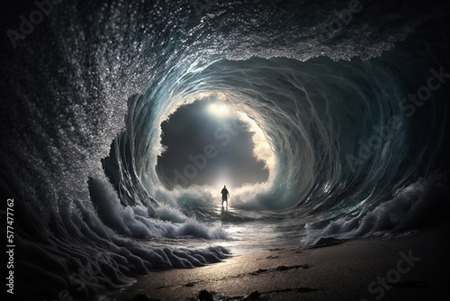 Psychic Waves | striking and powerful, with a sense of mystery and wonder. a silhouette person inside big swirling wave. Ai