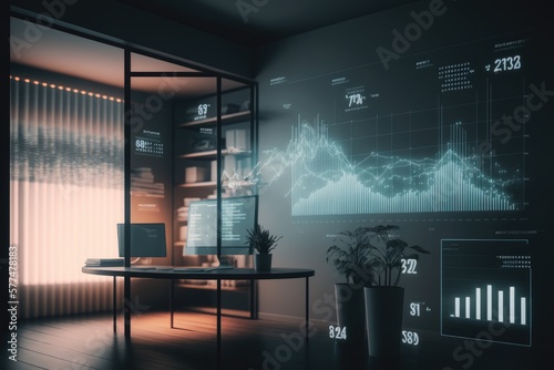 Abstract virtual stats data hologram on a modern furnished office background. Multiexposure. Black. © Manuel