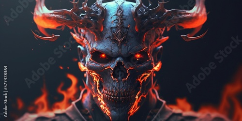 Hellish skull. Skull on fire. Demonic skull. Daemon. Generative AI. photo