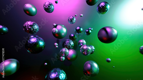 Metal molecules in moving space. Design. 3d metal molecules move in space on colorful background. Different texture of 3d balls in chaotic motion