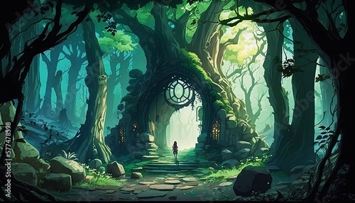 Anime forest in shades of green. Gate in a tree in the forest. Mysterious green forest. Green glow. Generative AI.