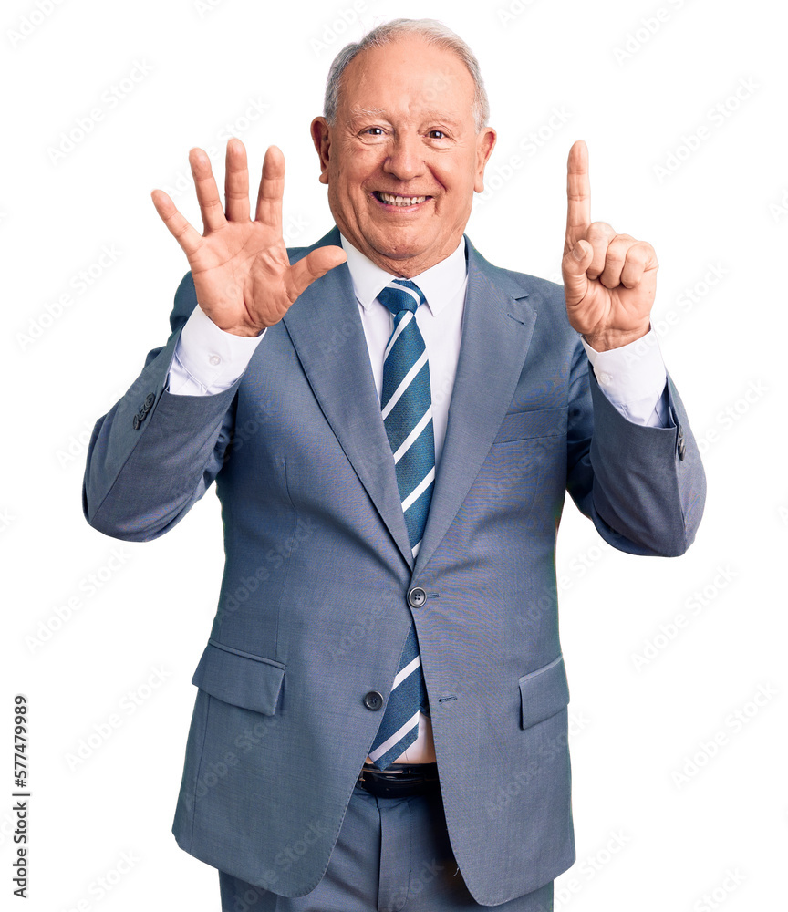 Senior handsome grey-haired man wearing elegant suit showing and pointing up with fingers number six while smiling confident and happy. Senior handsome grey-haired man wearing elegant suit showing and pointing up with fingers number six while smiling confident and happy.