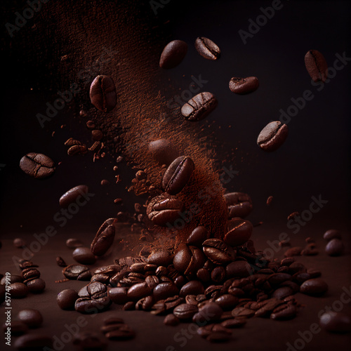 Coffee beans falling down over black background. Generative Ai