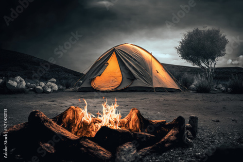 Camp fire at night in front of camping tent in remote place, Generative AI