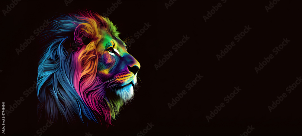 rainbow lion head, panoramic layout. Generative Ai