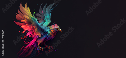 rainbow phoenix over dark background  panoramic layout. Generative Ai