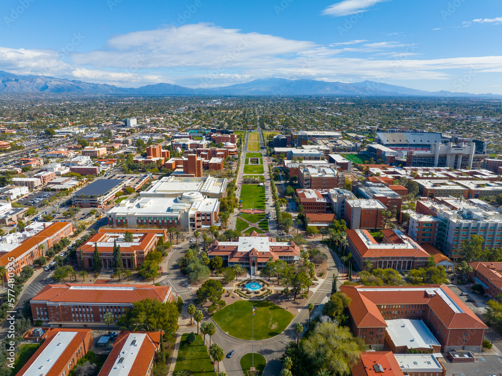 University of Arizona main campus aerial view including University Mall and Old Main Building in city of Tucson, Arizona AZ, USA.