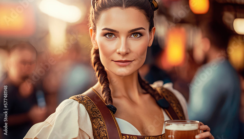 Celebrate the season with a gorgeous woman in a traditional Octoberfest dress enjoying beer in Munich photo